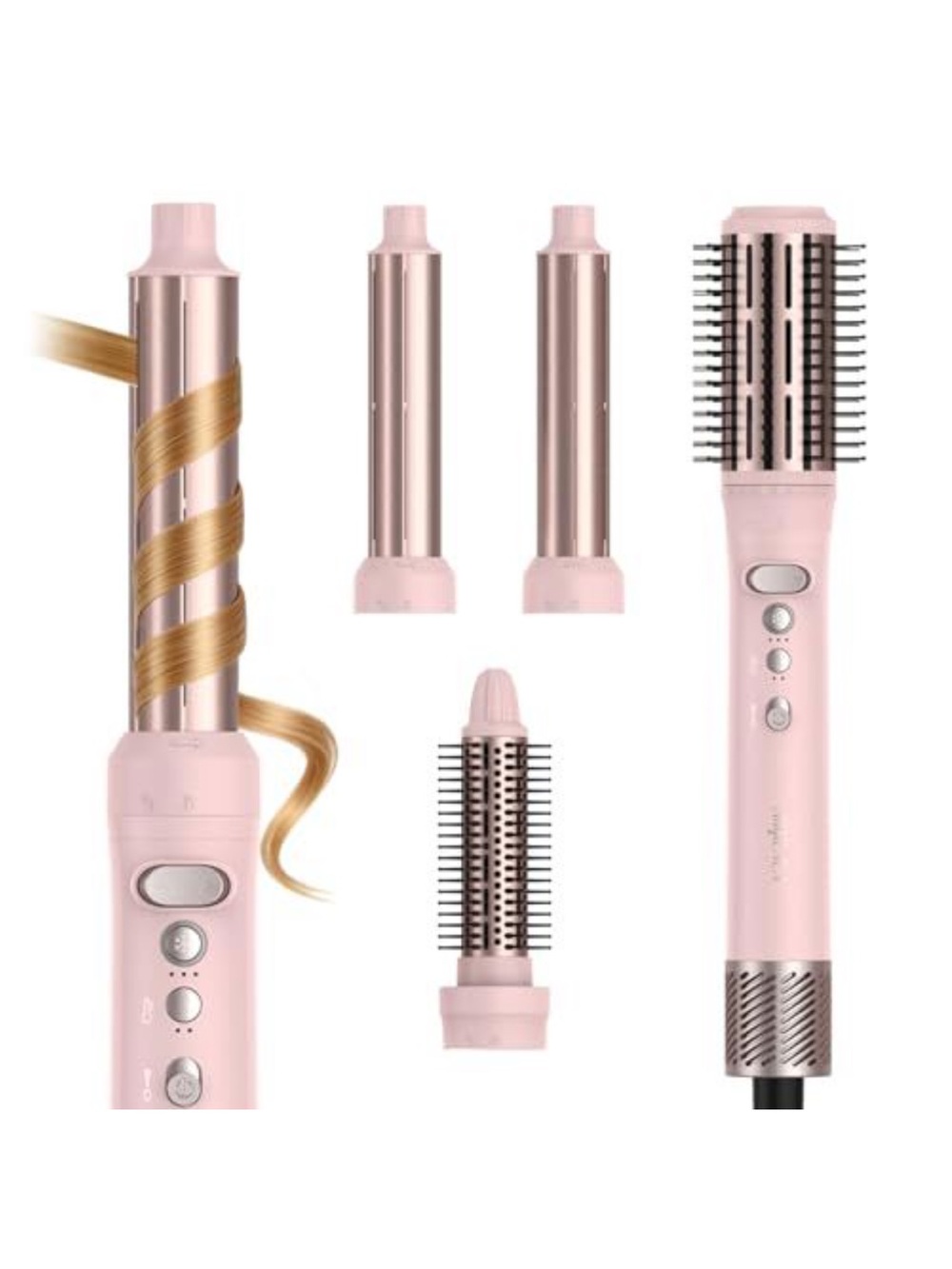 Multifunctional 5-in-1 Pink Hair Styler with Curling and Volumizing Attachments